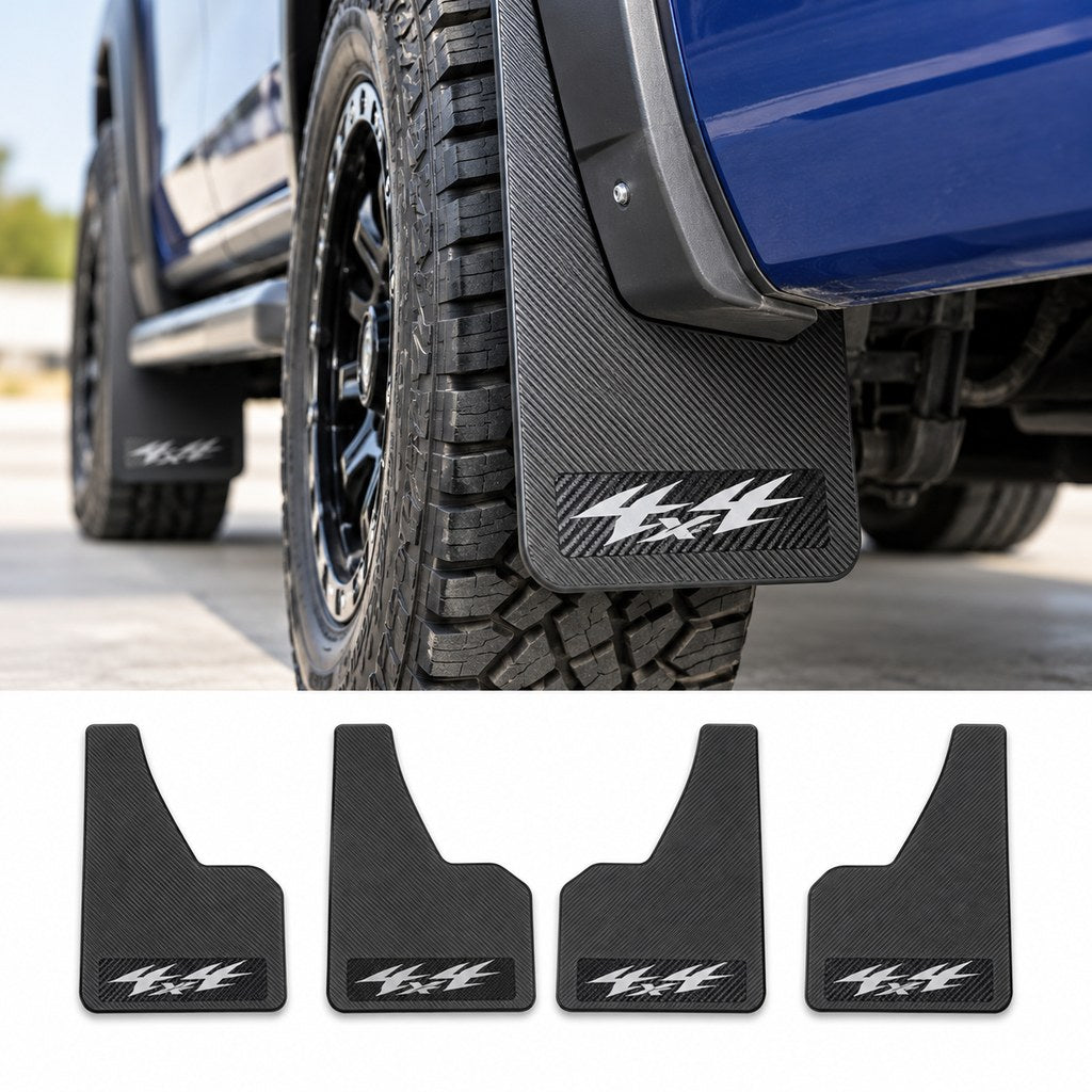 Carbon-fibre-style black mud flap with white 4x4 branding installed behind the wheel of a blue off-road vehicle, with the matching four-piece set displayed below.