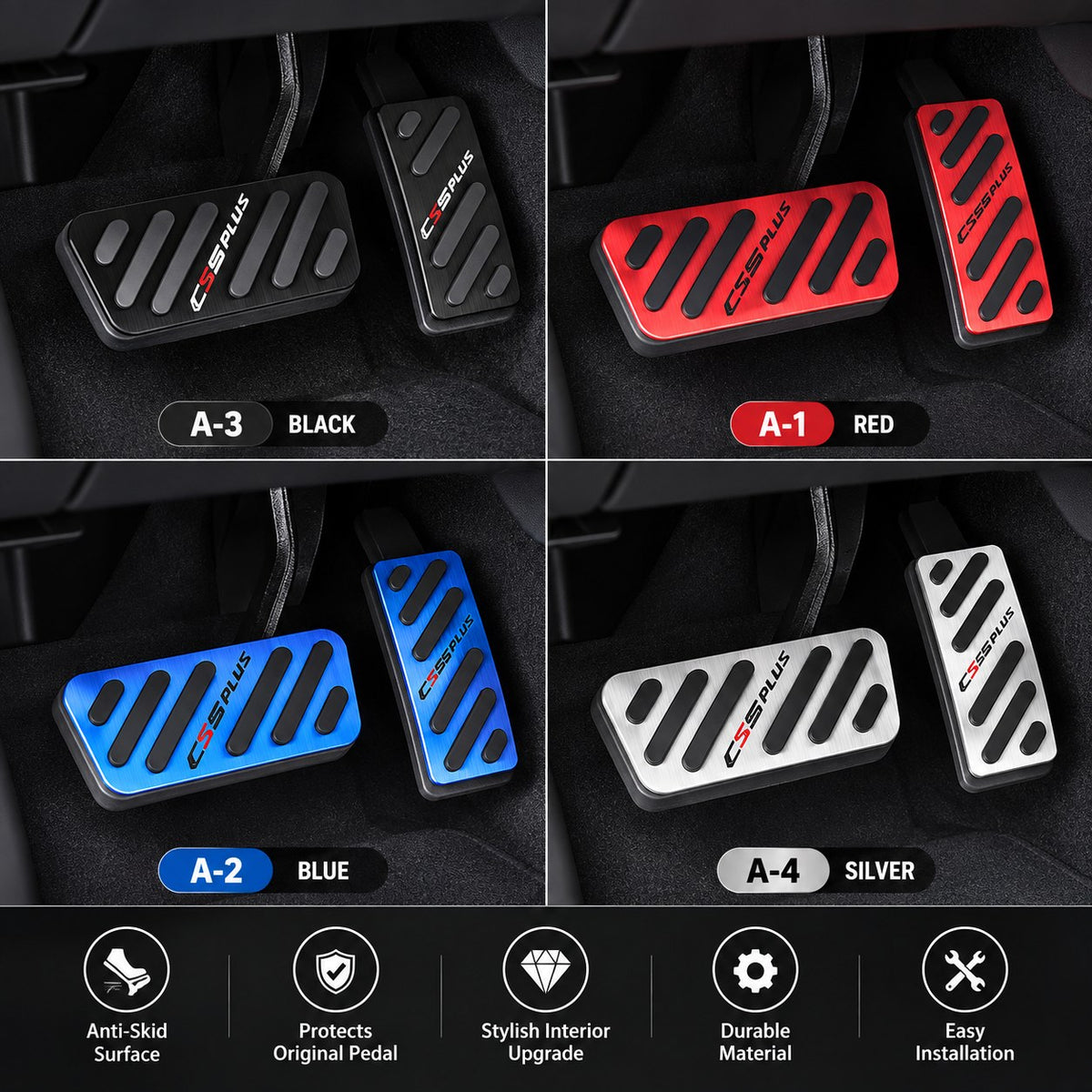 Changan CS55 Plus 2024-2025 accelerator pedal covers in red blue black and silver shown installed