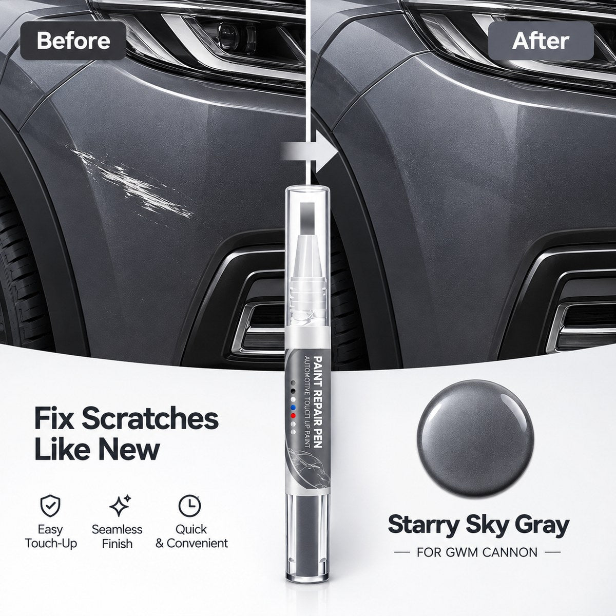 GWM Cannon Starry Sky Gray car paint repair pen showing before and after scratch touch-up results on a vehicle panel