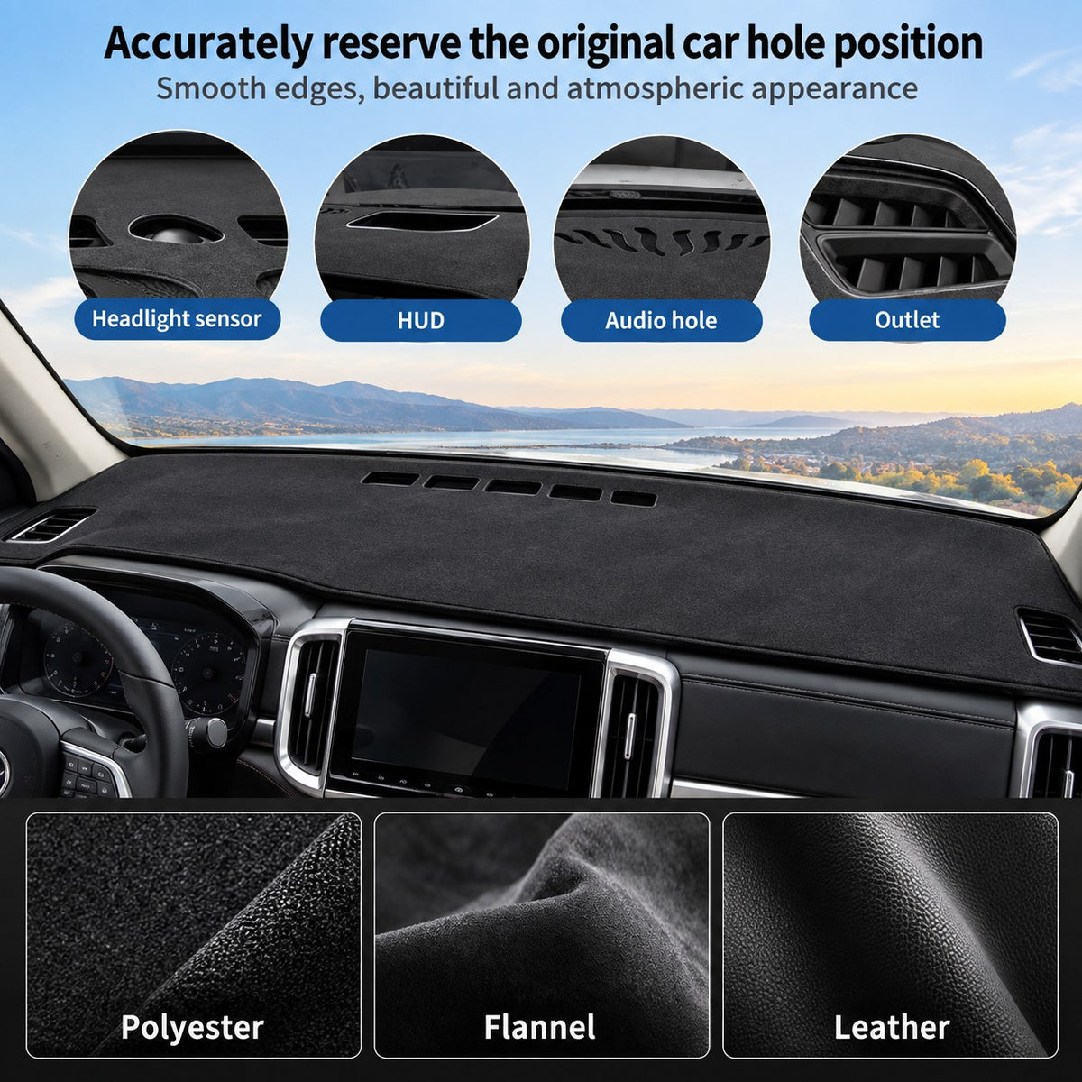 GWM Cannon dashboard cover showing precise cutouts, dashboard fit and polyester flannel leather material options