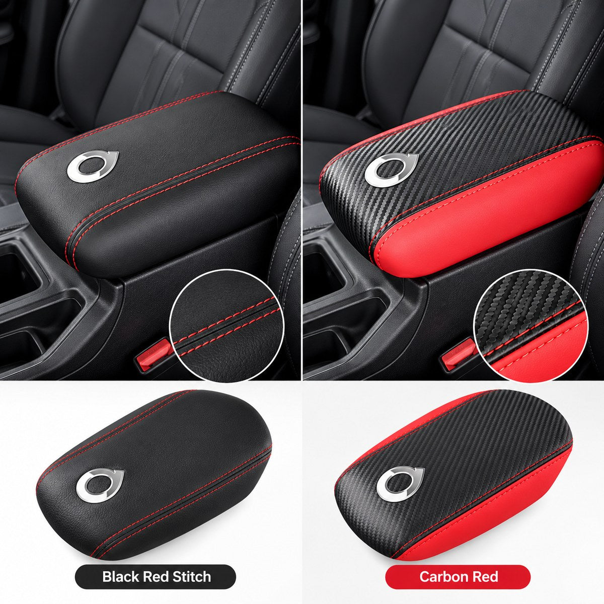 Red and carbon fibre style armrest cover installed in a vehicle interior, with close-up details of the cover surface, emblem, stitching, and underside