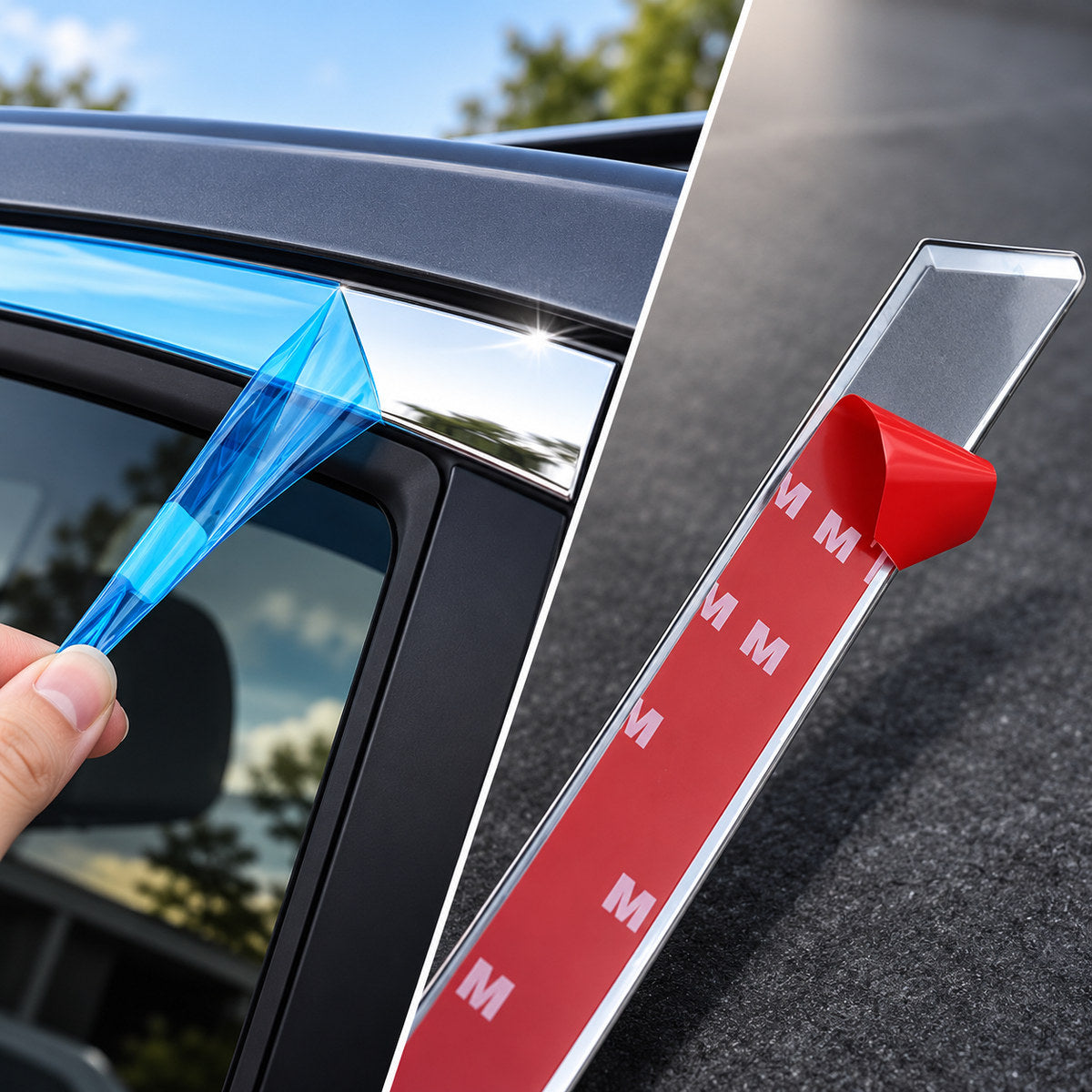 Chrome window trim installation detail showing protective film removal and adhesive backing