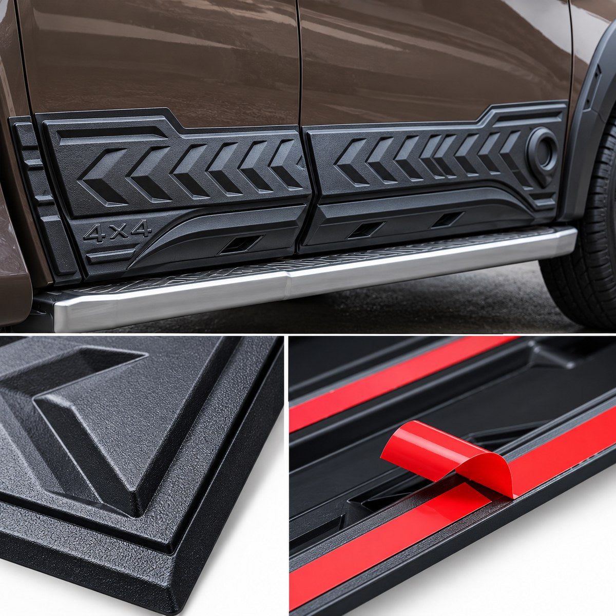 GWM Cannon King Kong with black side door protection panels installed, showing product edge and adhesive detail