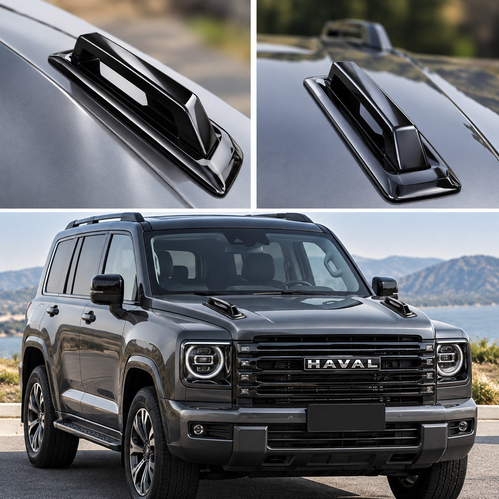 Black glossy hood styling accessories installed on a dark grey GWM Haval H9 2024+