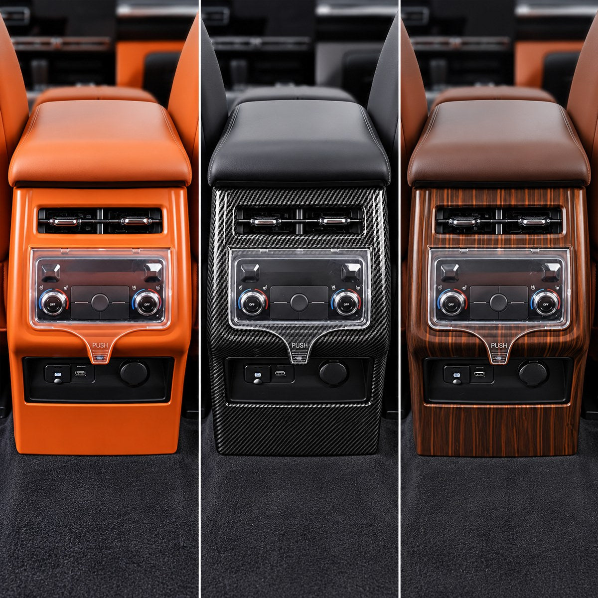 GWM Haval H9 2024-2025 rear air conditioner vent cover installed in carbon orange and wood grain finishes