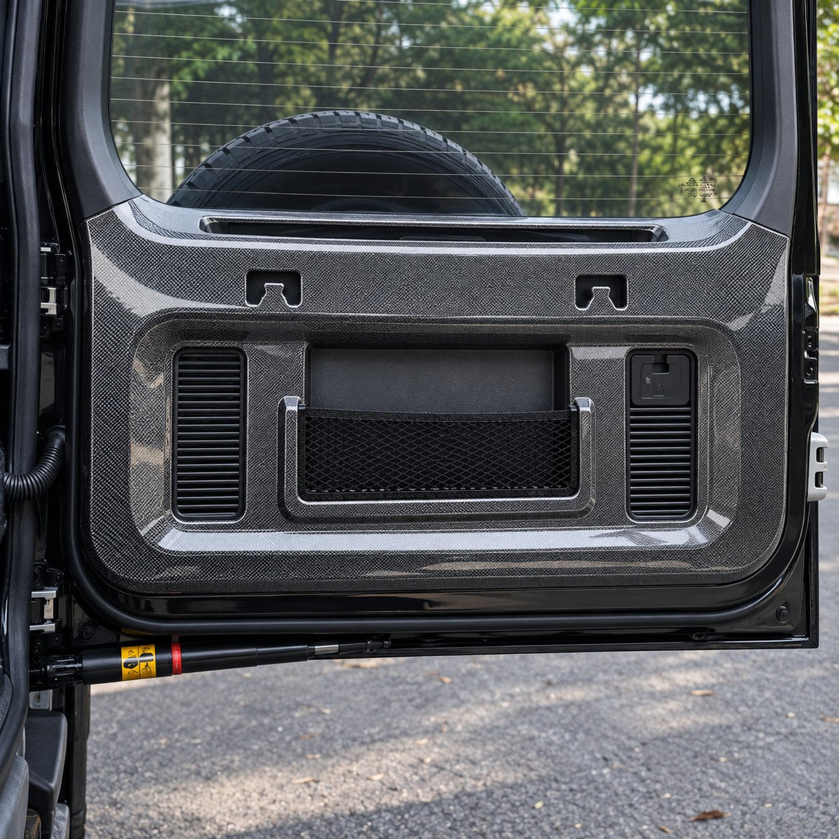Realistic GWM Haval H9 rear tailgate interior with installed carbon fiber style trim panel