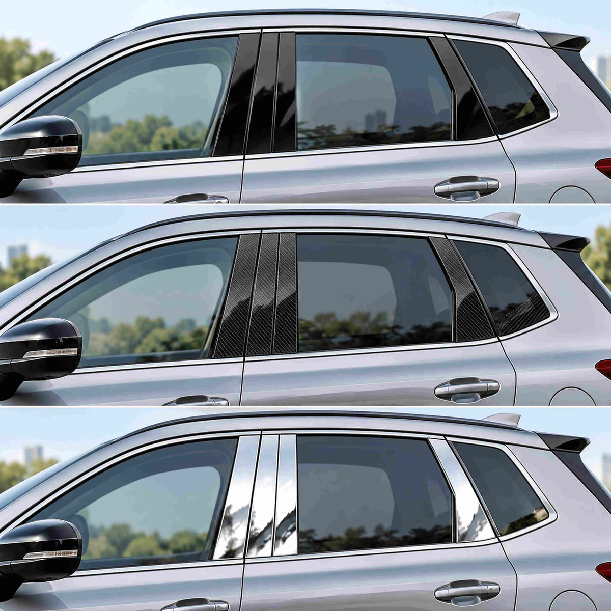 GWM Haval Jolion B C pillar window trim installed in glossy black, carbon fiber and chrome finishes