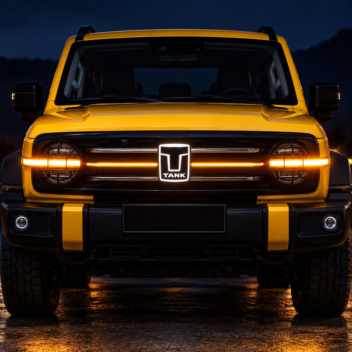 GWM TANK 300 illuminated front grille emblem installed at night