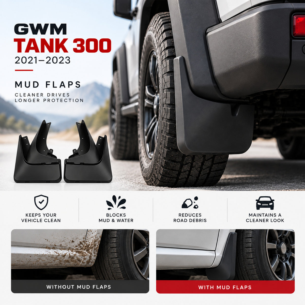 Side-by-side comparison of GWM Tank 300 without and with black mud flaps.