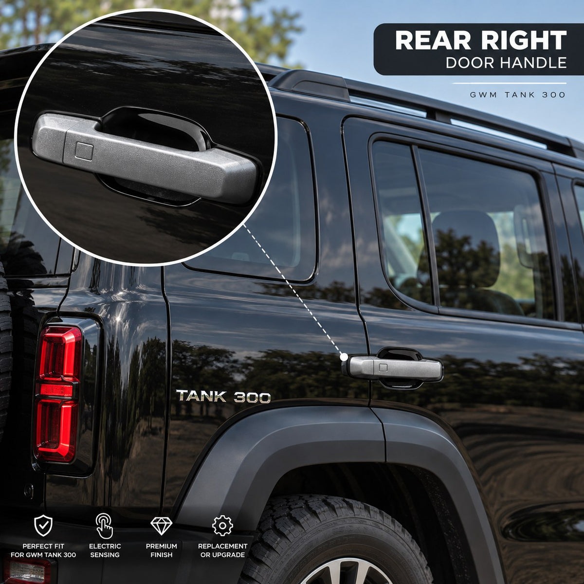 GWM TANK 300 rear right exterior door handle with electric sensing shown installed on the vehicle