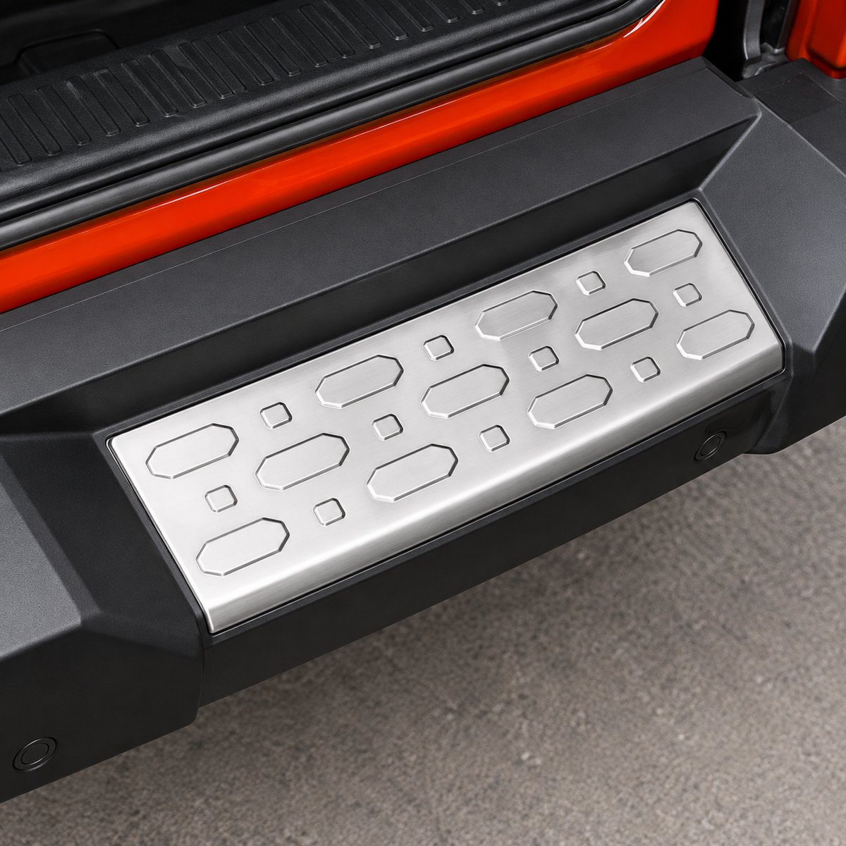 GWM Tank 300 rear trunk tailgate sill guard installed in brushed silver finish
