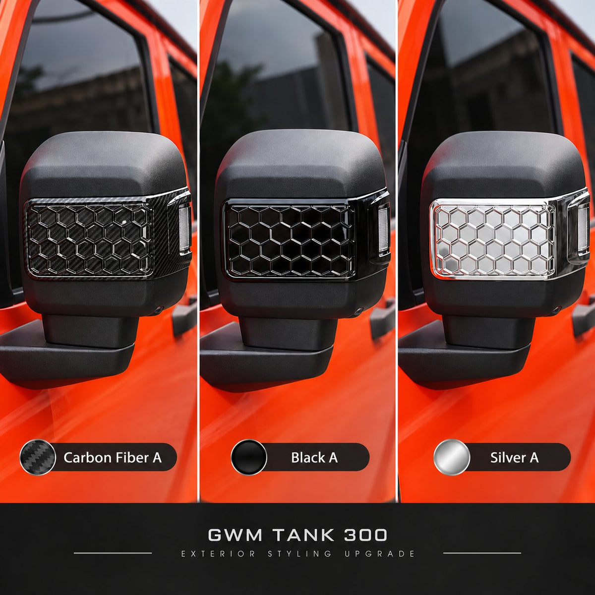 GWM TANK 300 Carbon Fiber A, Black A and Silver A rear view mirror shell stickers installed