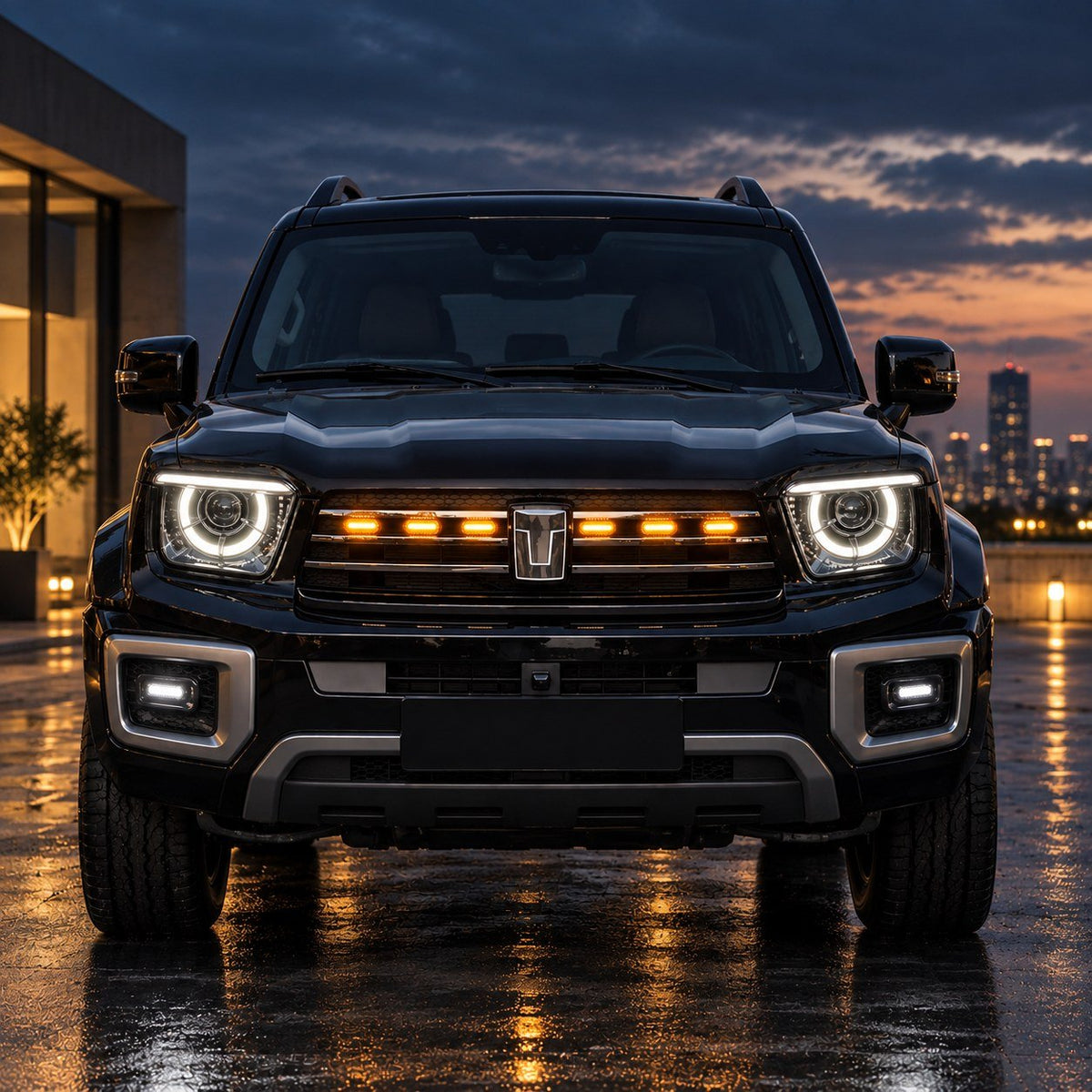 TANK 700 with six-piece yellow glowing emblem grille LED light strip installed