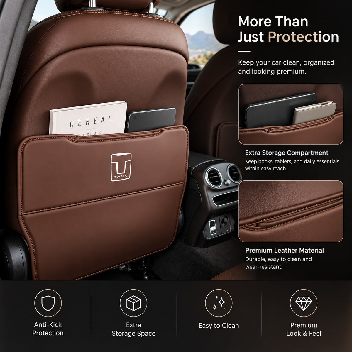 GWM Tank leather seat back cover with extra storage compartment for books tablets and daily essentials