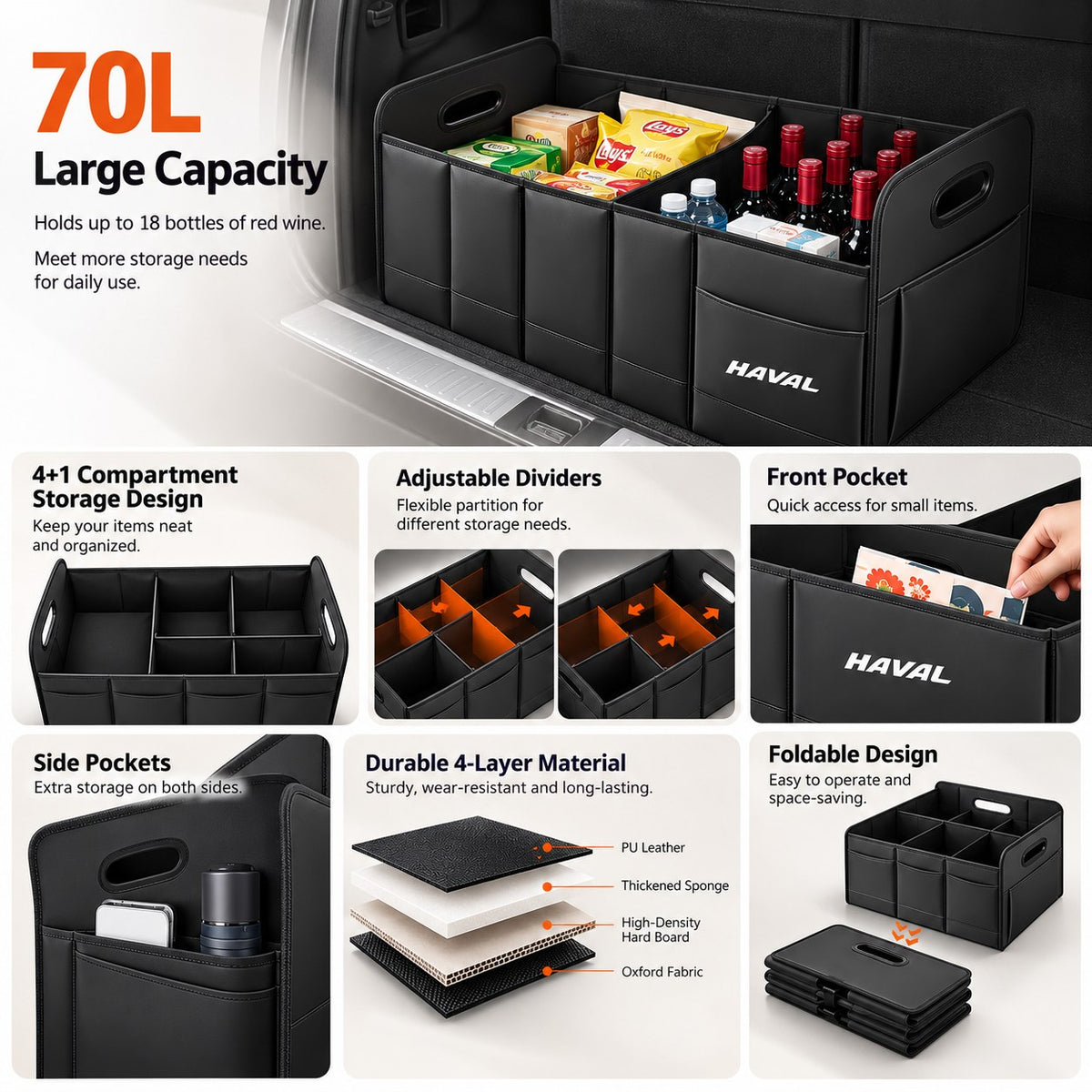 Haval trunk storage box showing 70L capacity, adjustable dividers, pockets and foldable design