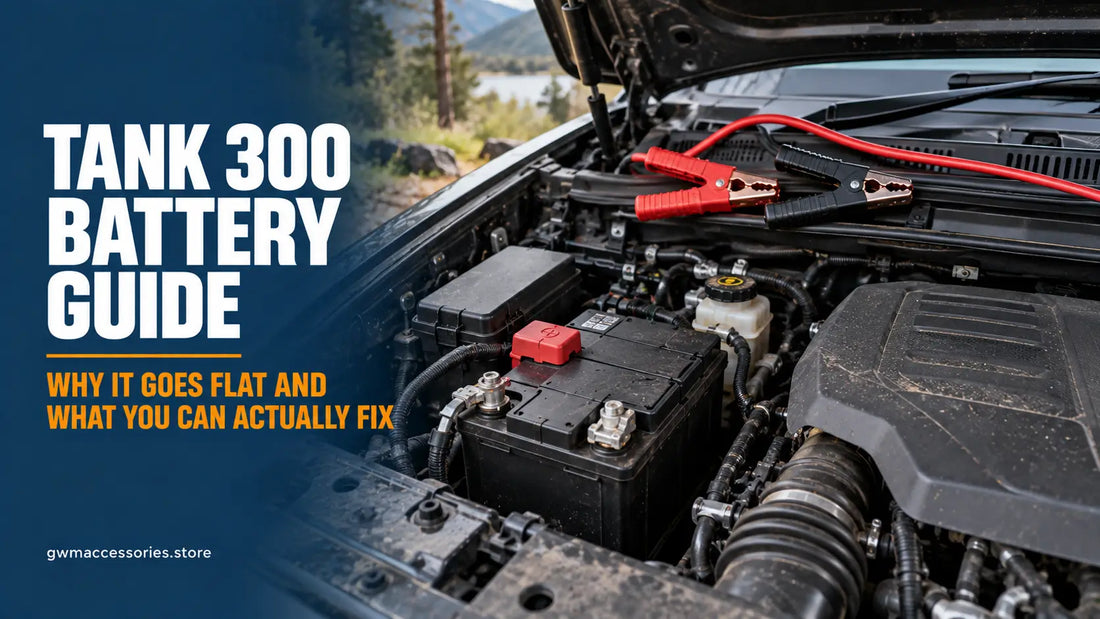 GWM Tank 300 battery guide showing battery terminals and jump leads in the engine bay