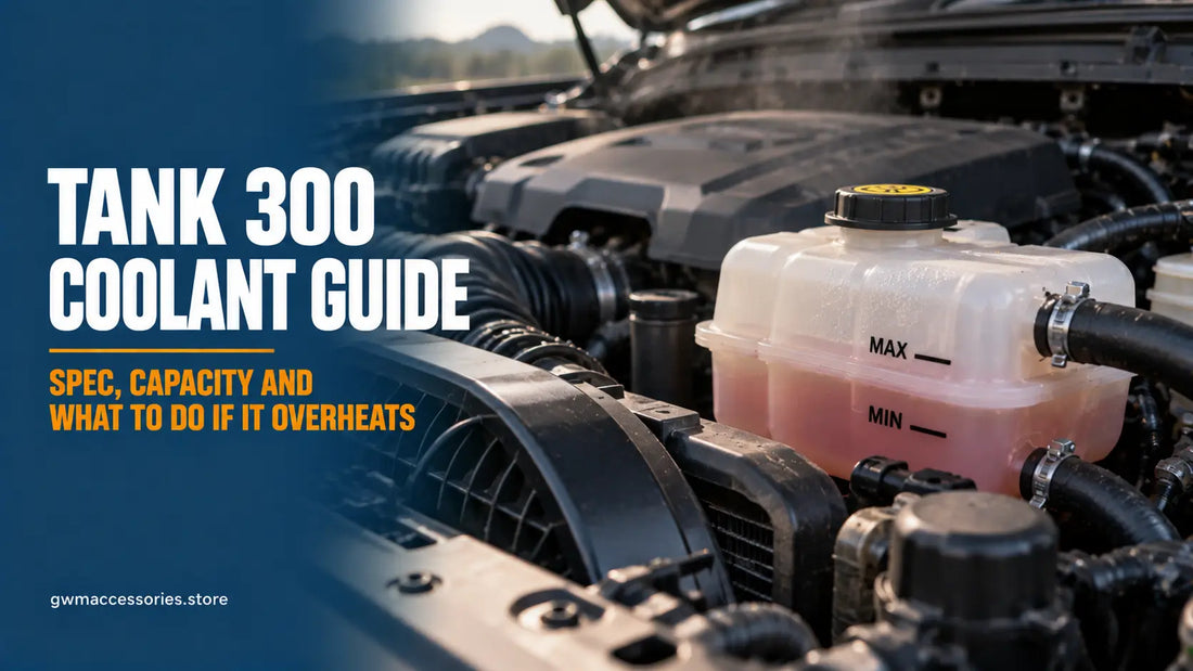 GWM Tank 300 coolant guide showing the coolant reservoir, minimum and maximum levels and engine cooling system