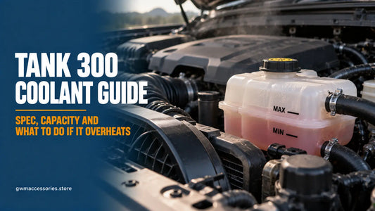 GWM Tank 300 coolant guide showing the coolant reservoir, minimum and maximum levels and engine cooling system