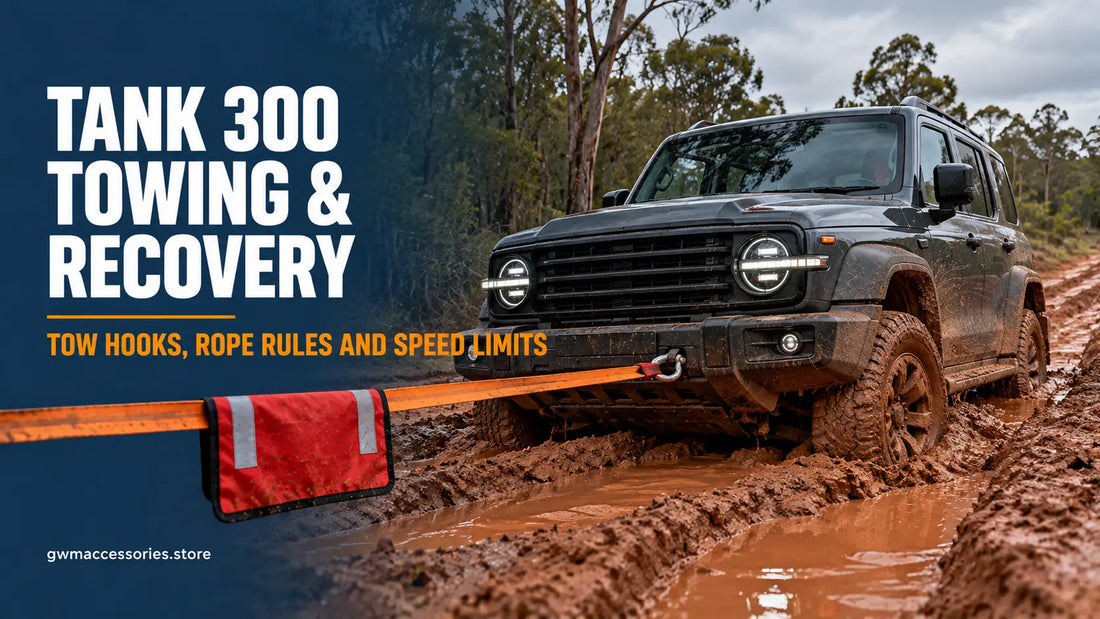 GWM Tank 300 towing and recovery guide showing recovery strap and front tow hook in muddy terrain