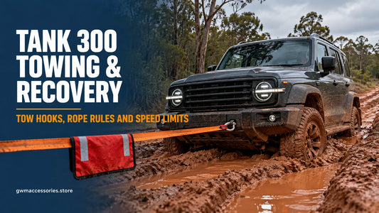 GWM Tank 300 towing and recovery guide showing recovery strap and front tow hook in muddy terrain