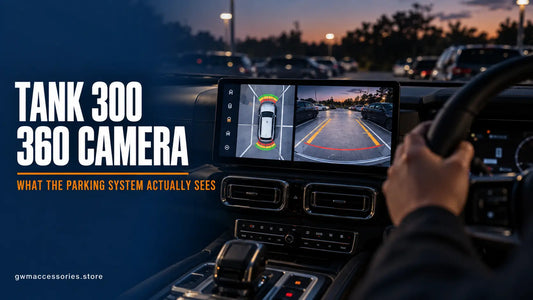 TANK 300 360 camera displaying a bird's eye parking view on the central touchscreen