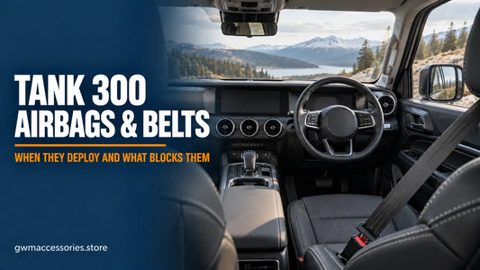 GWM Tank 300 airbags and seat belts safety guide showing front cabin and fastened seat belt