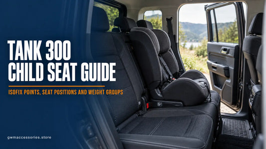 TANK 300 child seat guide showing an ISOFIX child seat installed in the rear outer seat