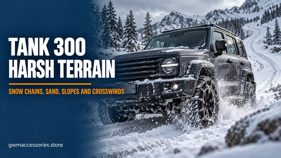 Tank 300 harsh terrain driving with snow chains on a snowy mountain track