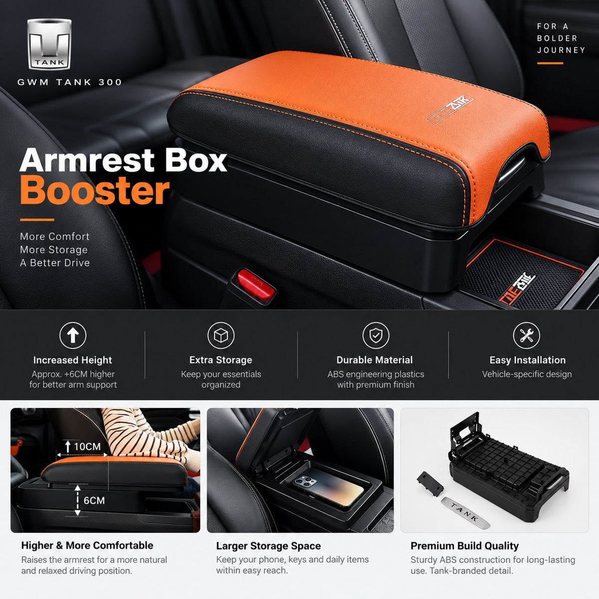 Great Wall GWM Tank 300 armrest box booster assembly installed in the center console with raised armrest and storage