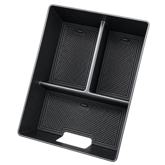 Tank 300 and Tank 300 Hybrid central control armrest storage box with multiple compartments and textured liners.