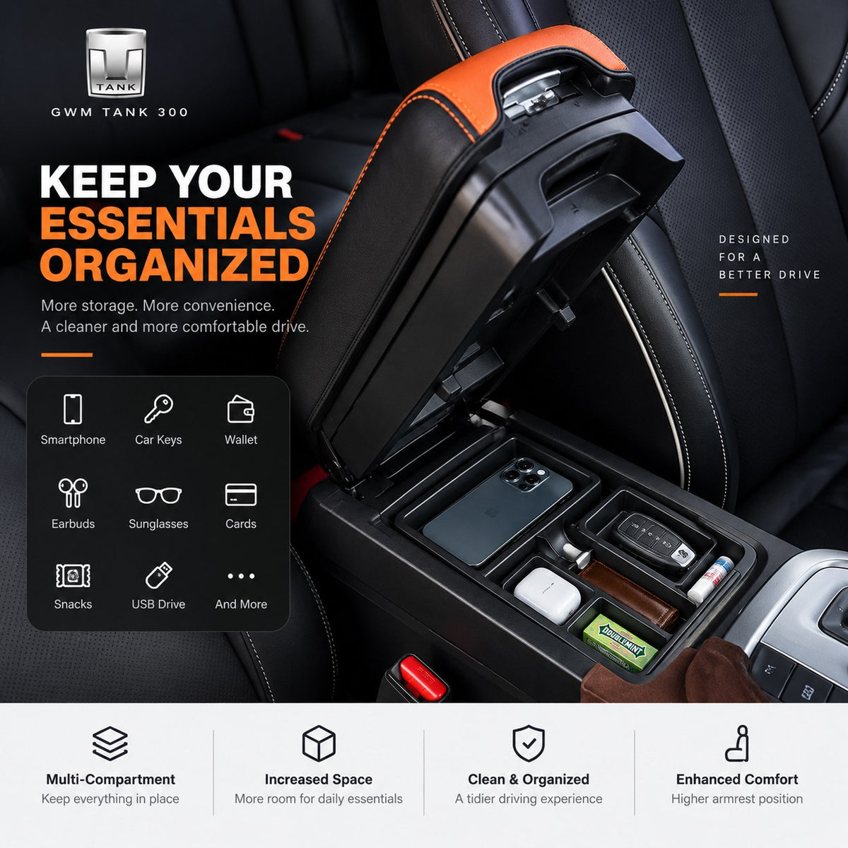 GWM Tank 300 armrest storage organizer keeping smartphone, car keys, wallet, earbuds and other essentials organized