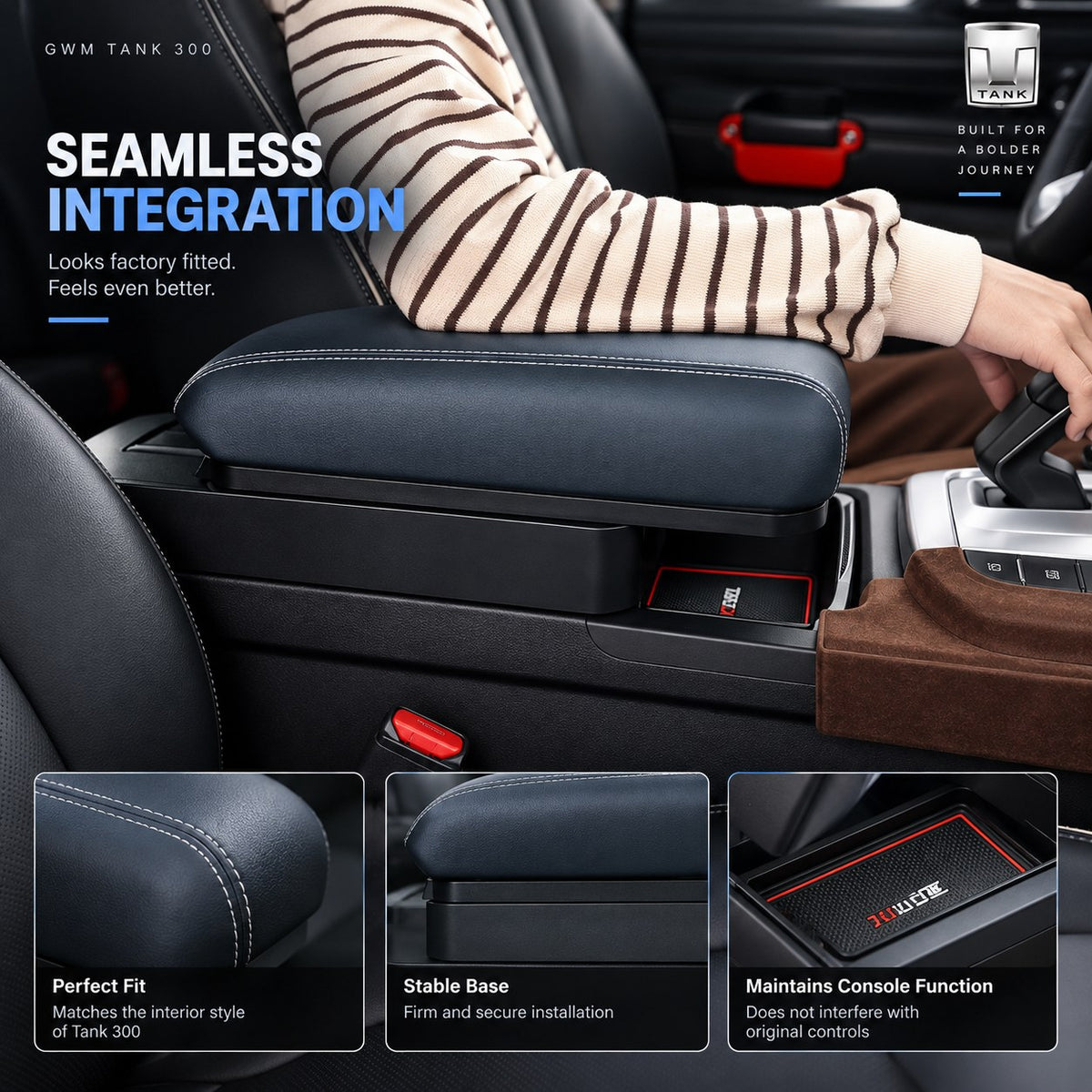 GWM Tank 300 armrest box booster integrated into the vehicle center console with a clean factory-style appearance