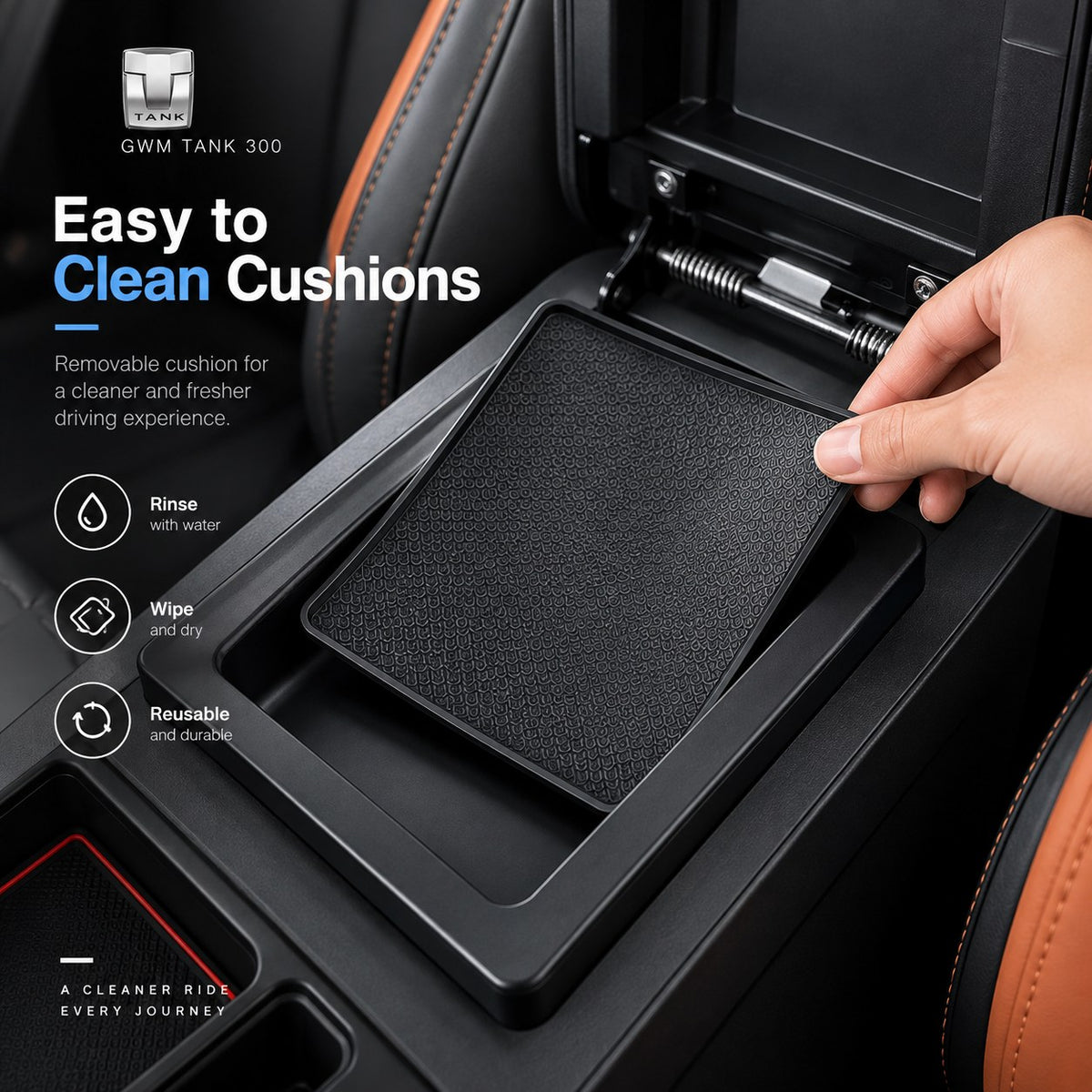 GWM Tank 300 armrest box booster with removable cushion designed for easy cleaning and maintenance