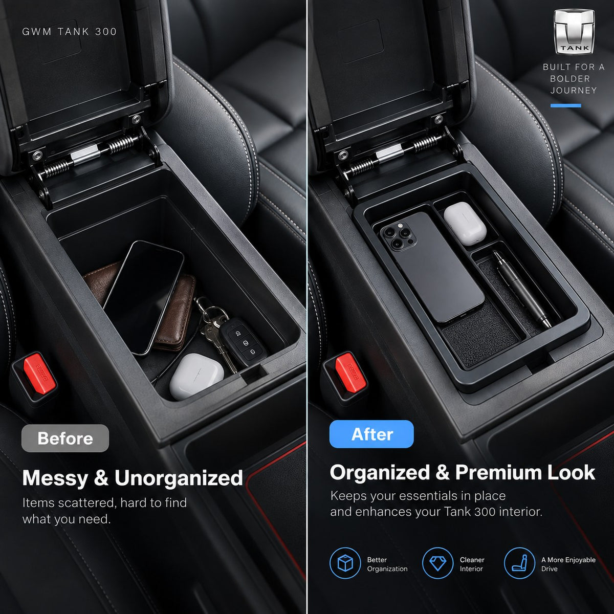 GWM Tank 300 center console before and after installation showing improved organization and a cleaner interior