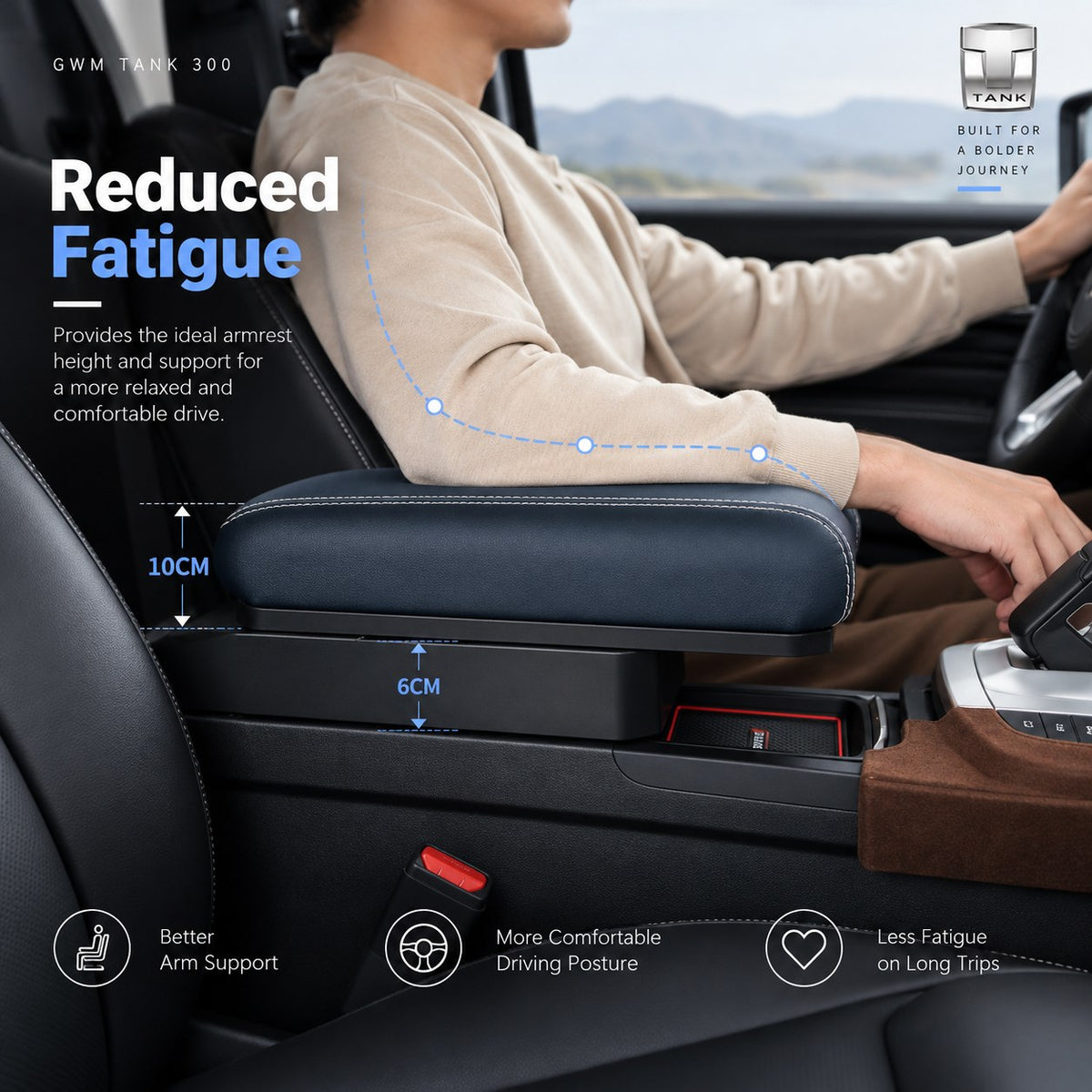 GWM Tank 300 armrest box booster providing elevated arm support for a more comfortable driving position