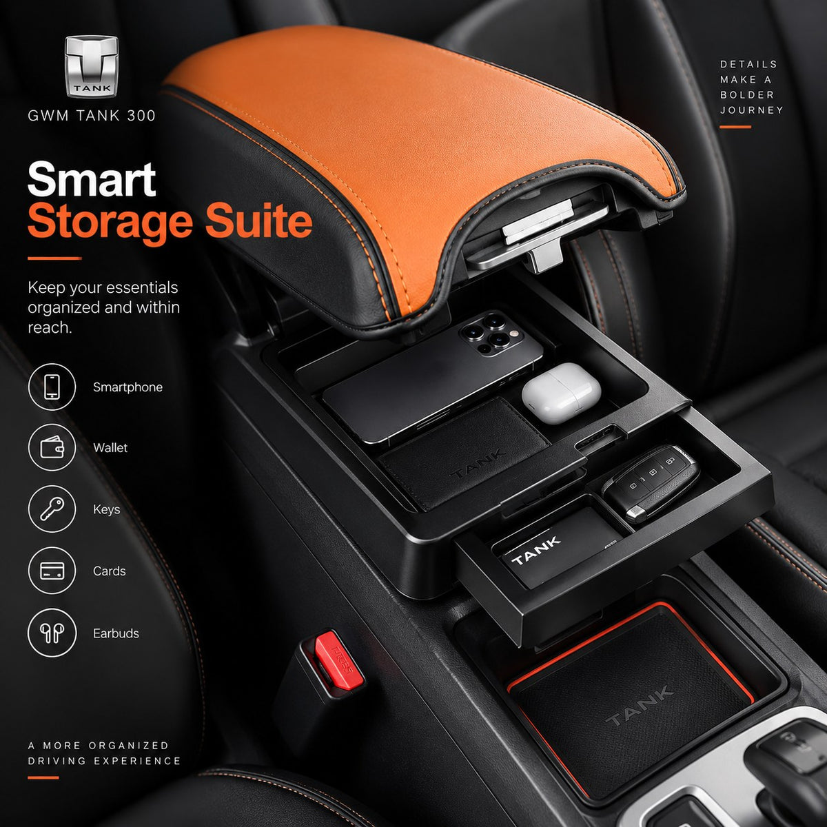 GWM Tank 300 armrest storage suite organizing smartphone, wallet, keys, cards and earbuds inside the center console