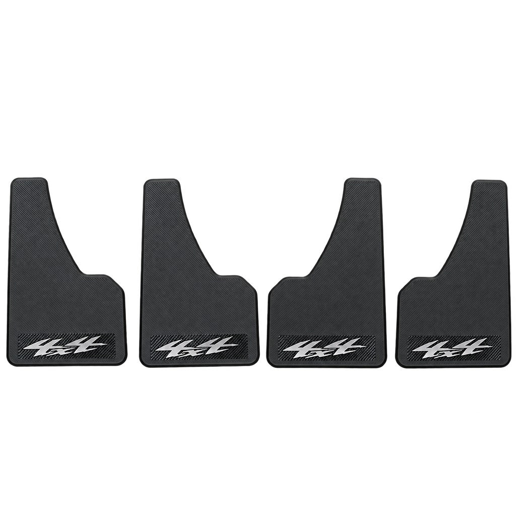 Carbon-fibre-style black mud flap with white 4x4 branding installed behind the wheel of a blue off-road vehicle, with the matching four-piece set displayed below.