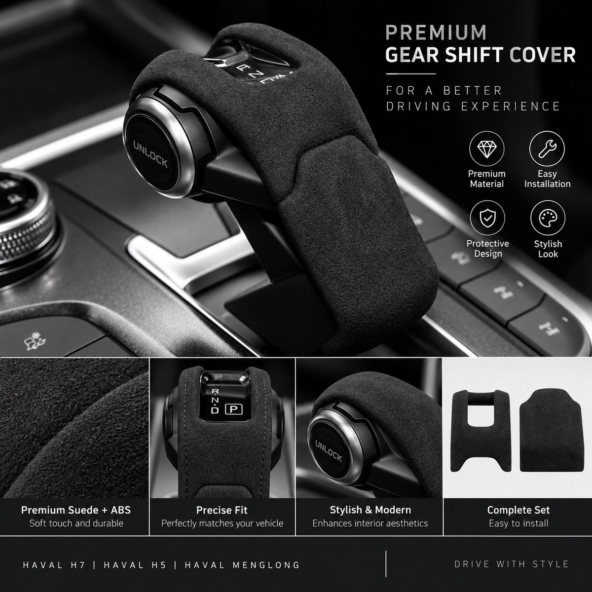 Black suede gear shift knob cover installed on HAVAL vehicle interior