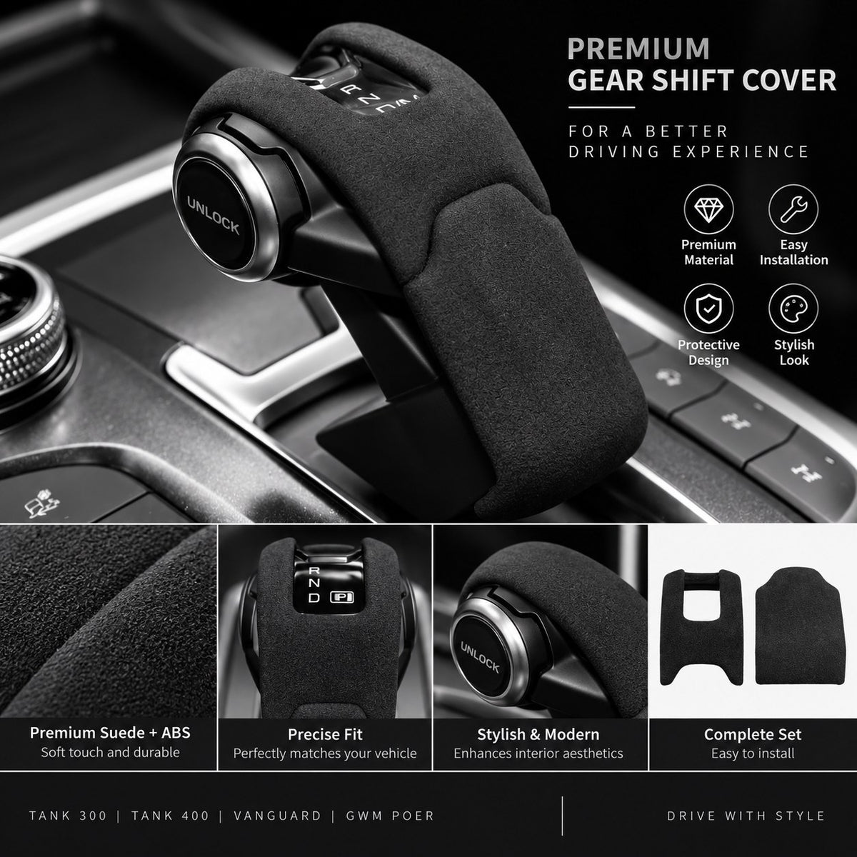 Black TANK gear shift cover premium suede design with product features