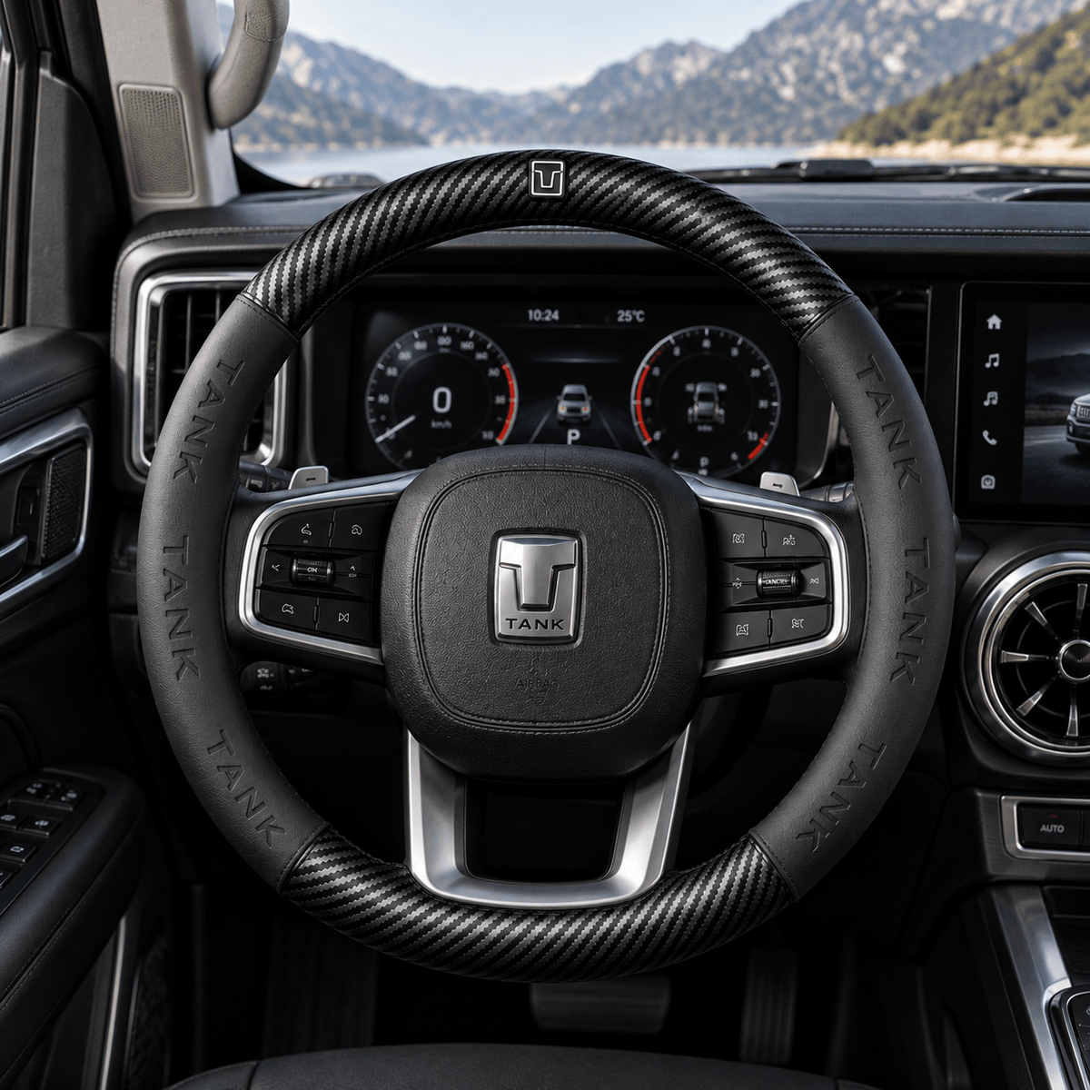 Carbon fiber Nappa leather steering wheel cover installed on a Great Wall Tank 300 or Tank 500 steering wheel