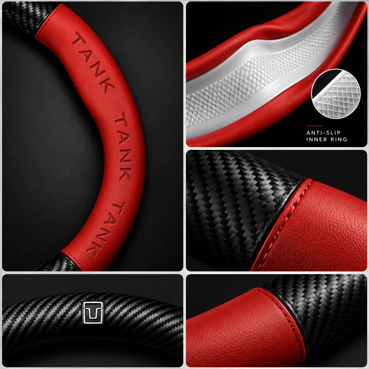 Close-up of red Nappa leather and carbon fiber steering wheel cover with textured grip for Great Wall Tank 300 and Tank 500