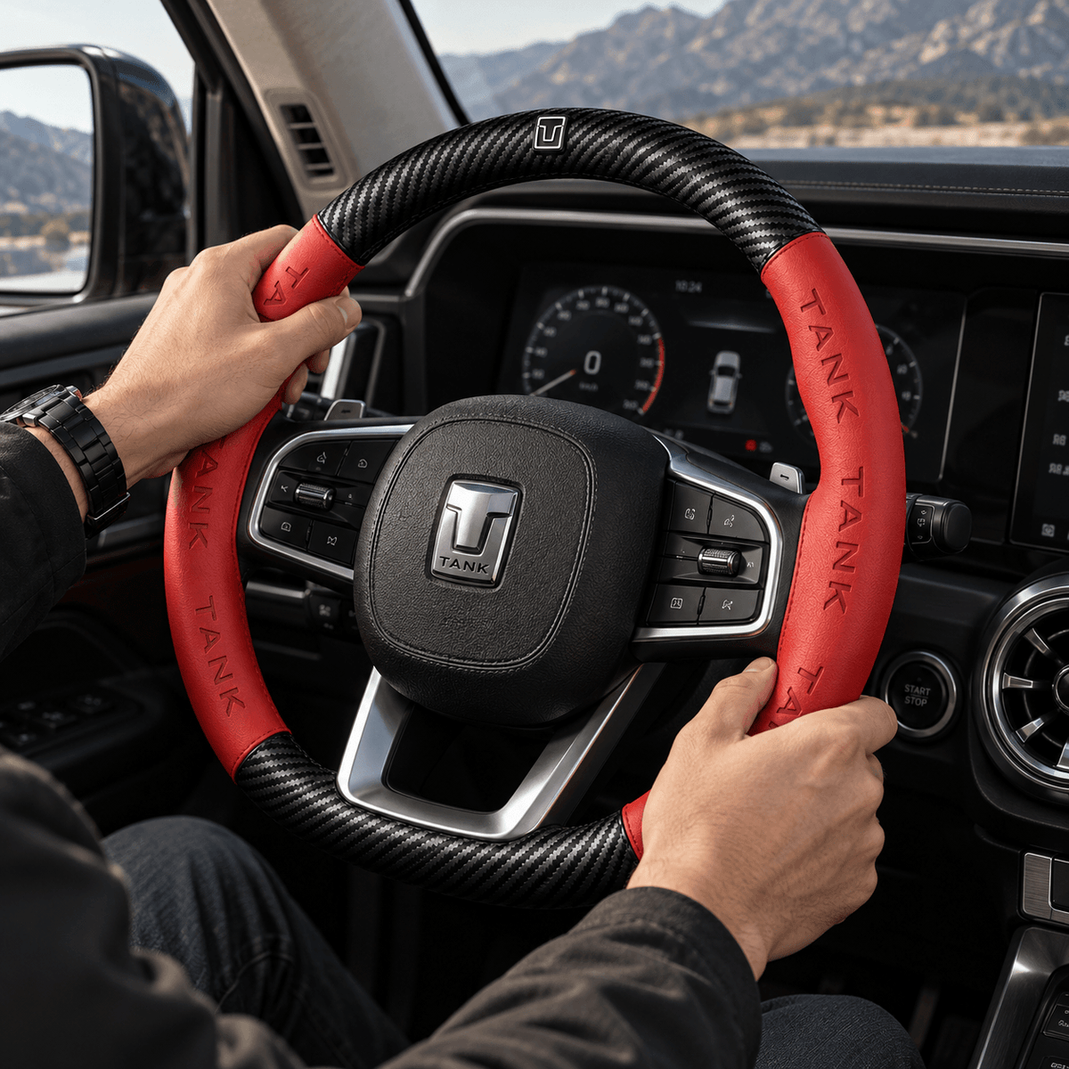 Black carbon fiber Nappa leather steering wheel cover installed inside a Great Wall Tank 300 or Tank 500