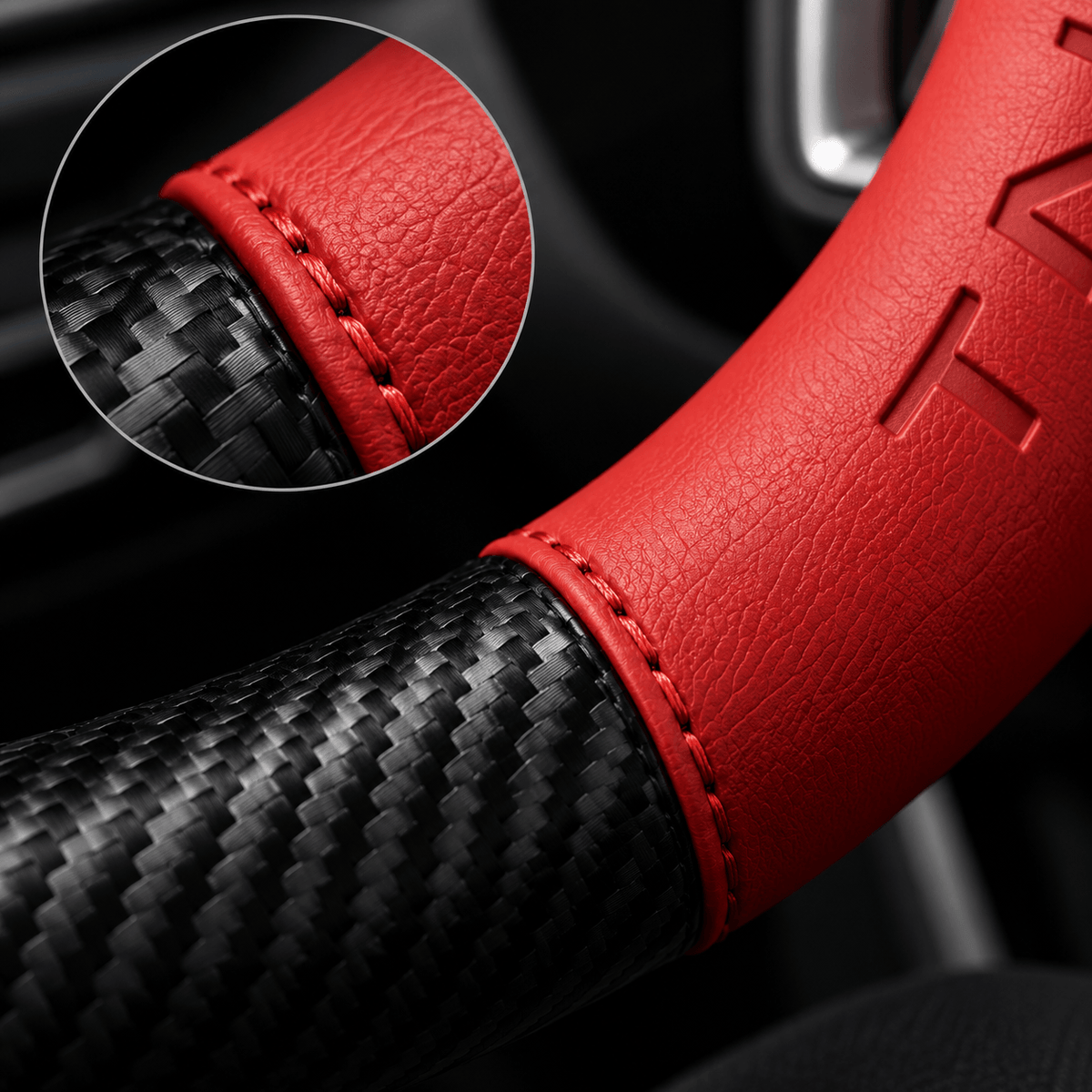 Detailed view of carbon fiber Nappa leather steering wheel cover with anti-slip inner ring and stitched sections
