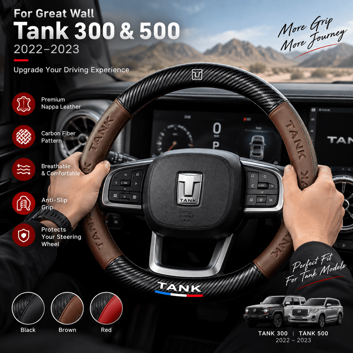 Carbon fiber Nappa leather steering wheel cover shown inside a Great Wall Tank 300 or Tank 500
