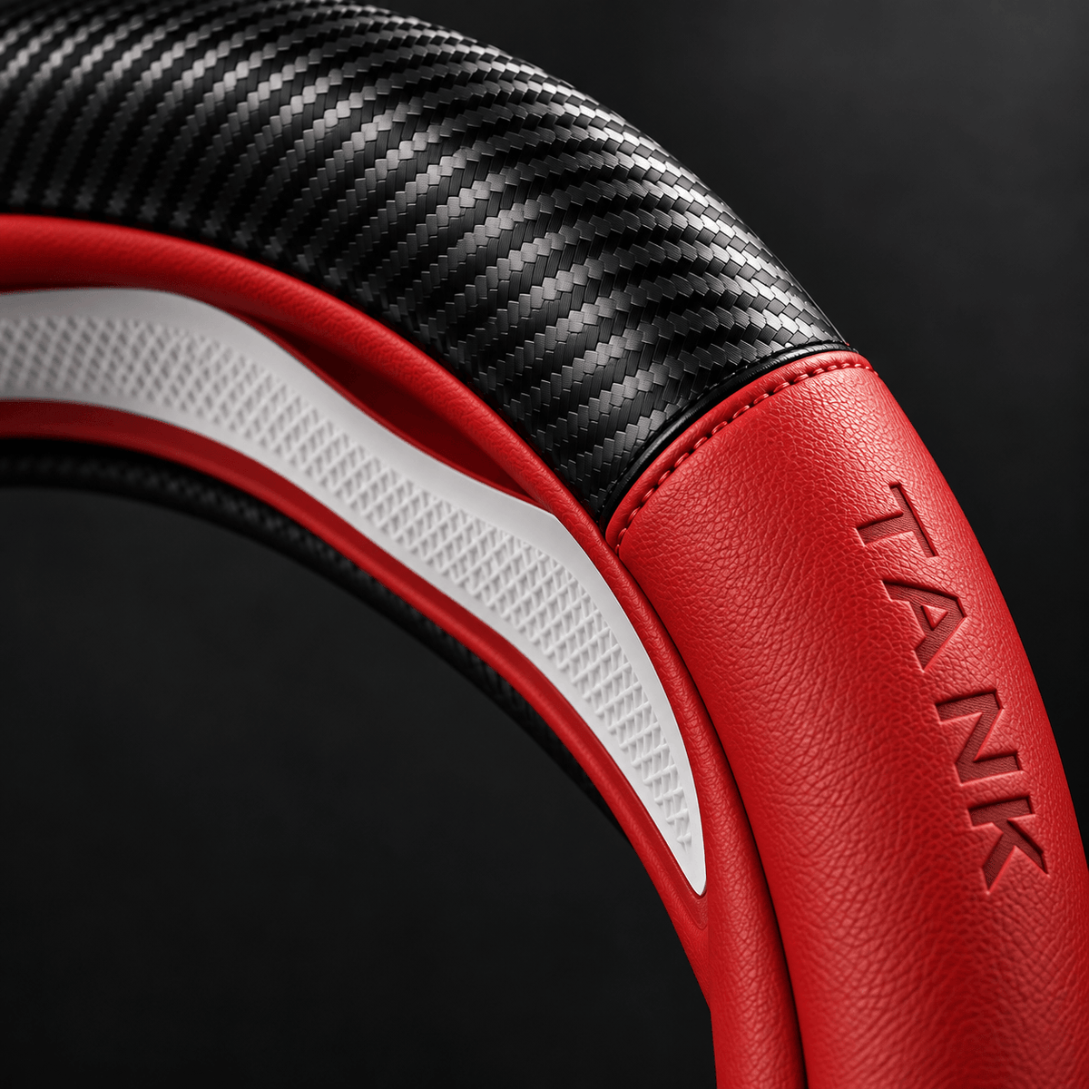 Close-up of red Nappa leather and carbon fiber steering wheel cover with textured grip for Great Wall Tank 300 and Tank 500