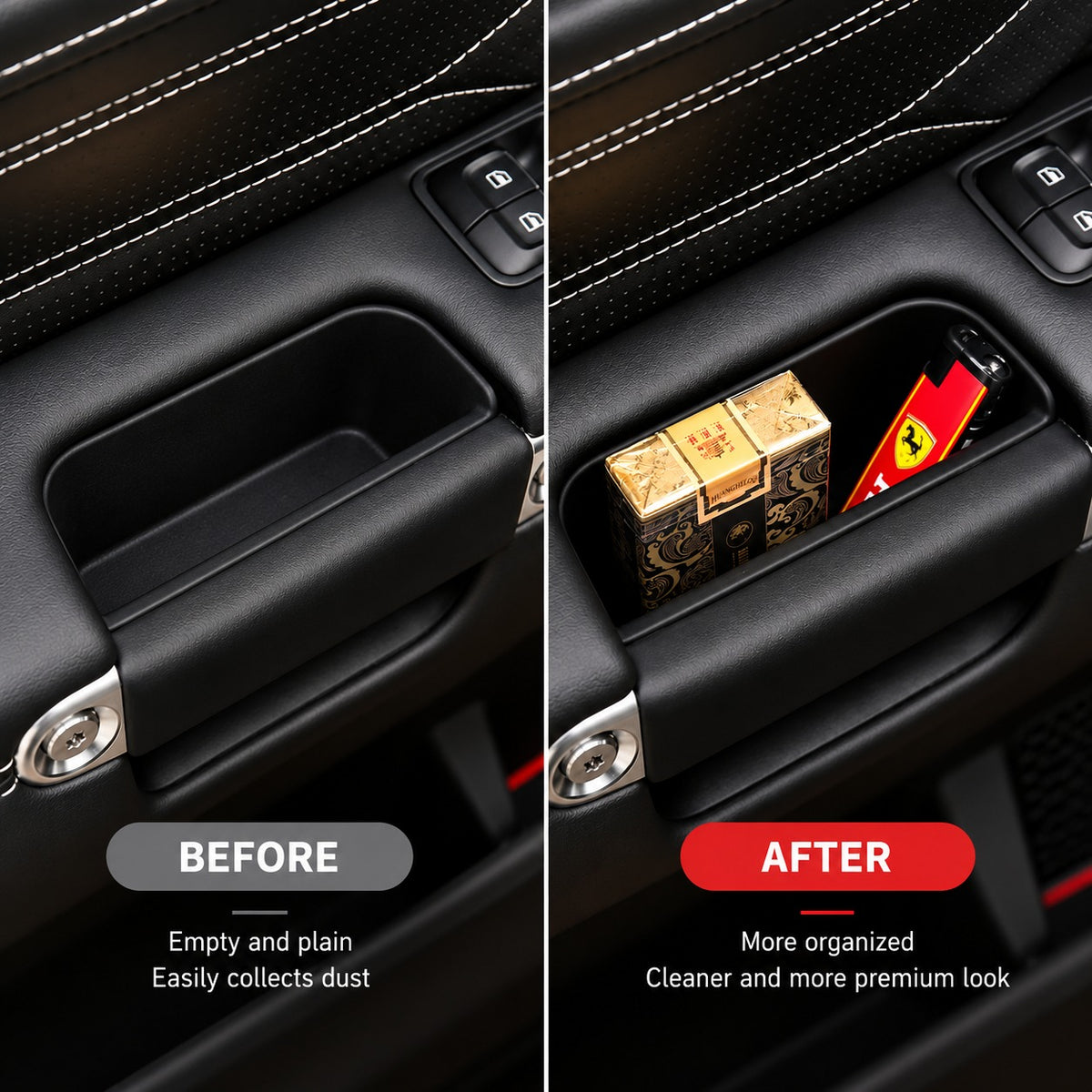 Great Wall Tank 300 door handle storage area shown before and after installation to demonstrate improved storage and organization.