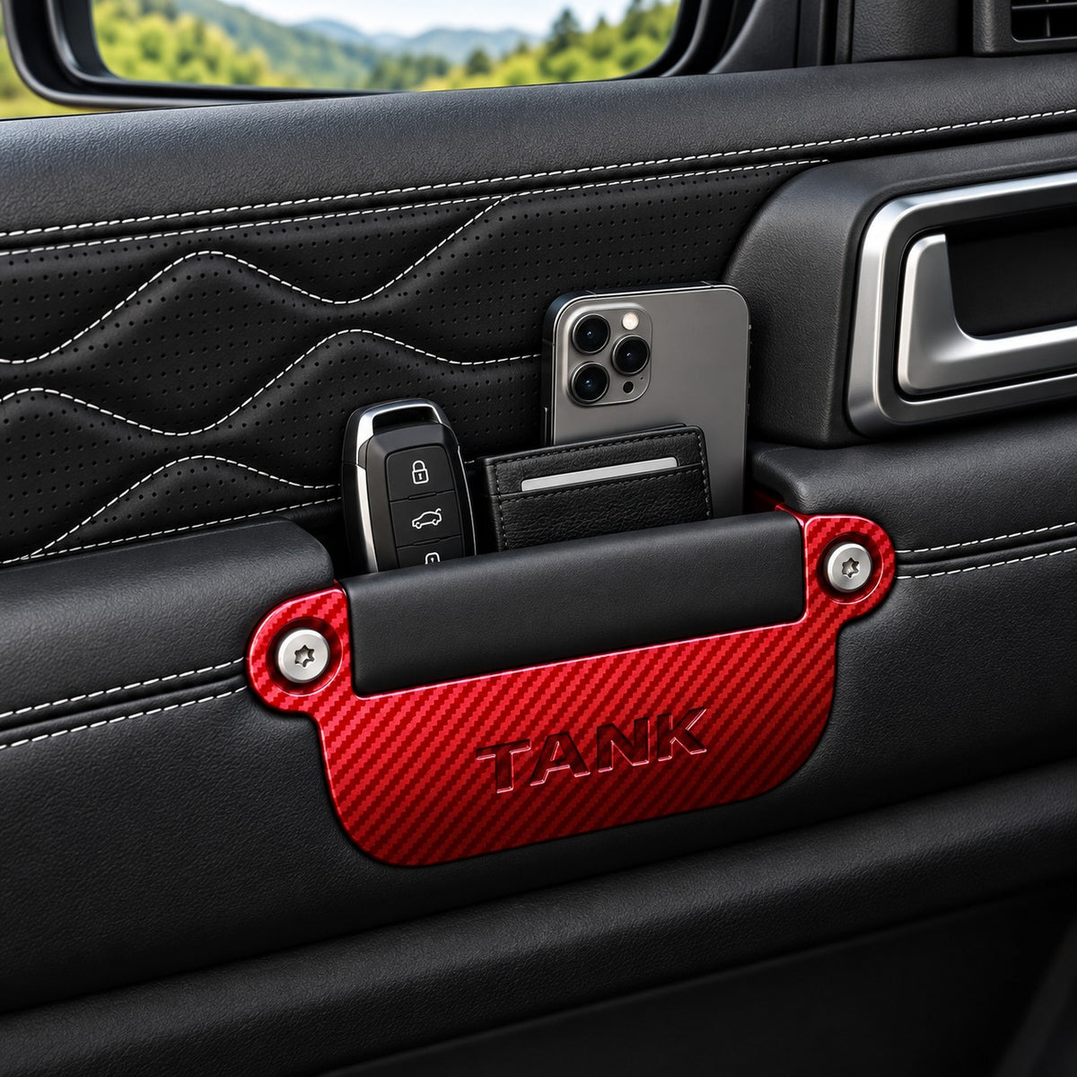 Great Wall Tank 300 black carbon brazing door handle storage box installed on the interior door with carbon fiber texture and TANK branding.