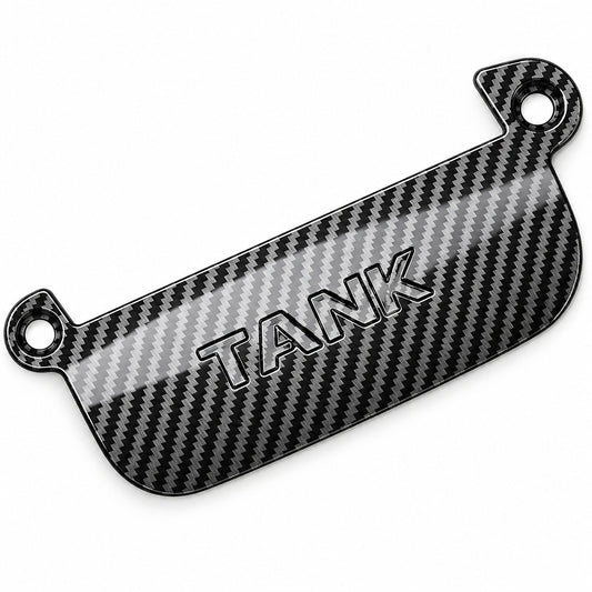 Close-up of the TANK logo and carbon fiber texture on the Great Wall Tank 300 door handle storage box.