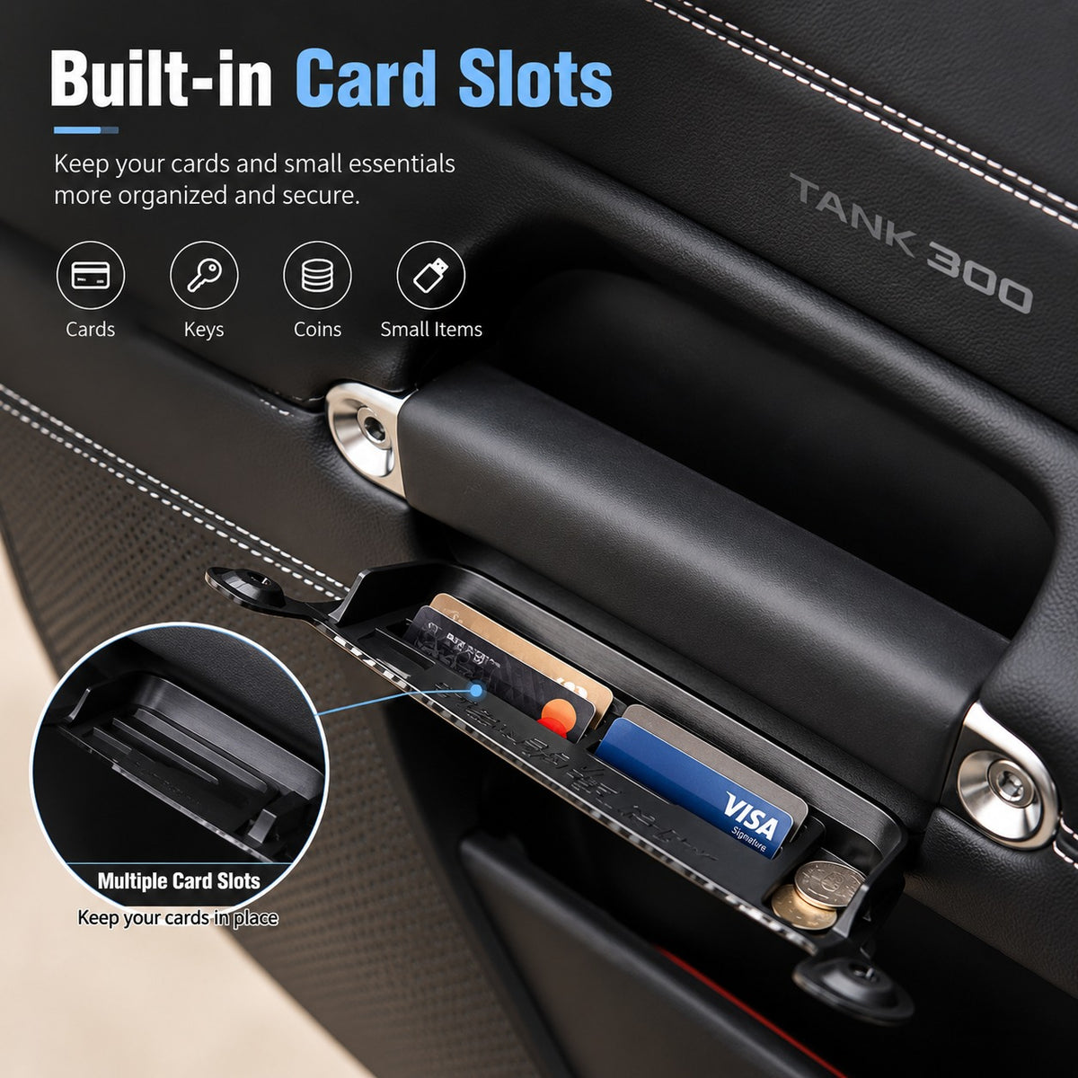 Great Wall Tank 300 door handle storage box with built-in card slots for securely organizing cards and small essentials.