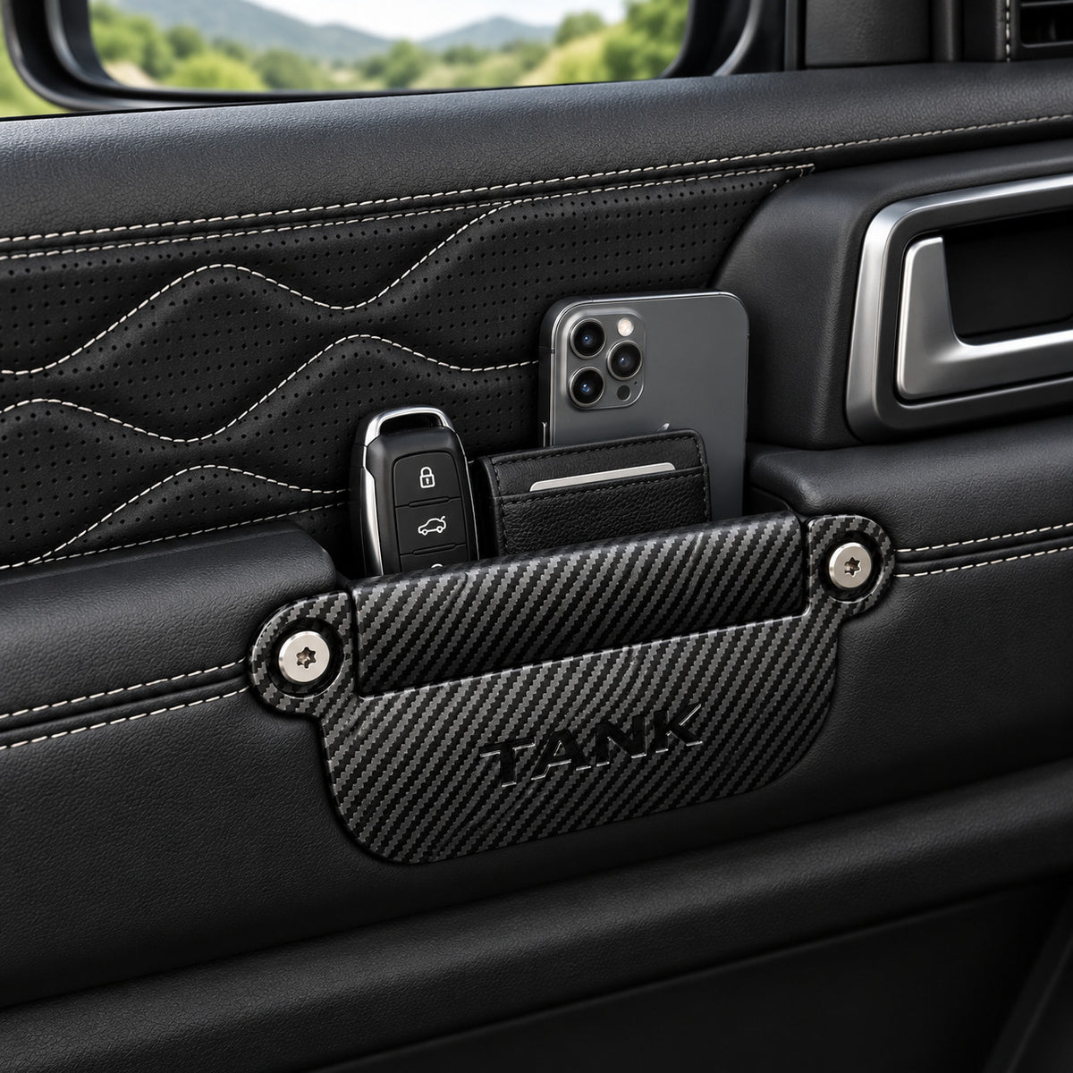 Great Wall Tank 300 black carbon fiber door handle storage box installed on the door with smartphone, wallet, and car key storage.